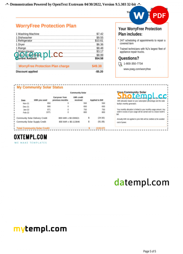 USA New York PSEG utility bill, Word and PDF template, 5 pages