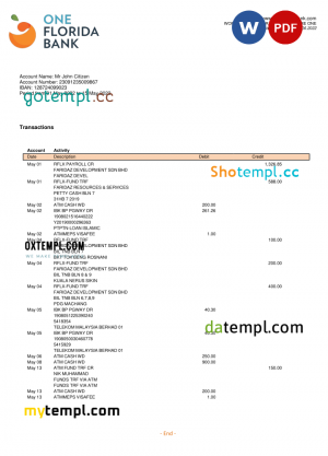 Taiwan Bank of Taiwan bank statement, Excel and PDF template