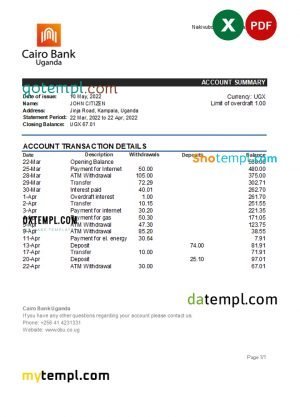 Uganda Cairo bank statement, Excel and PDF template