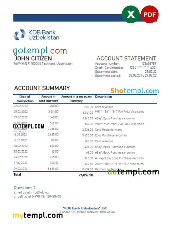 Uzbekistan KDB bank statement, Excel and PDF format