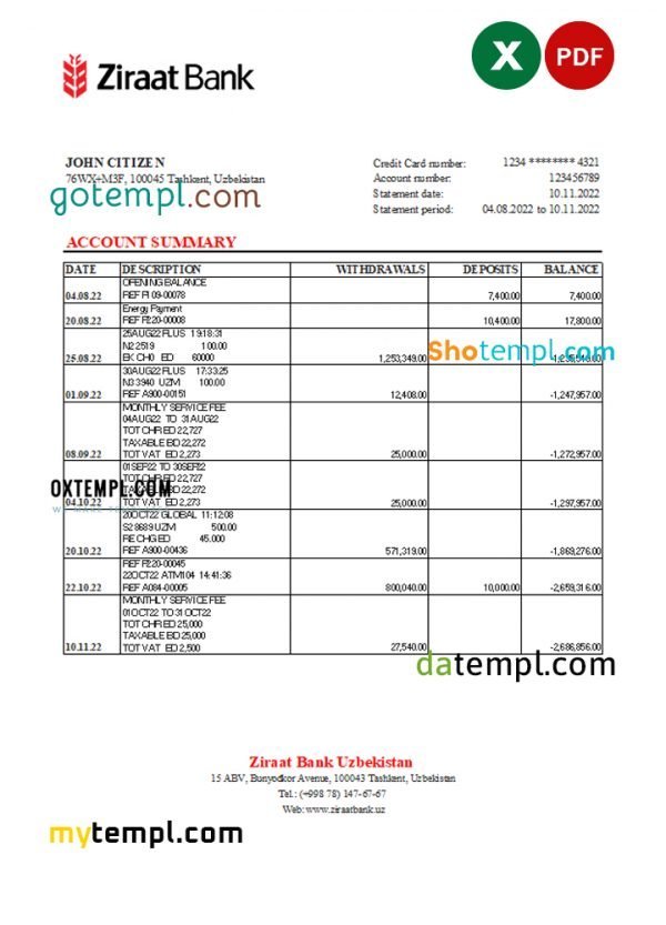 Uzbekistan Ziraat Bank statement, Excel and PDF format