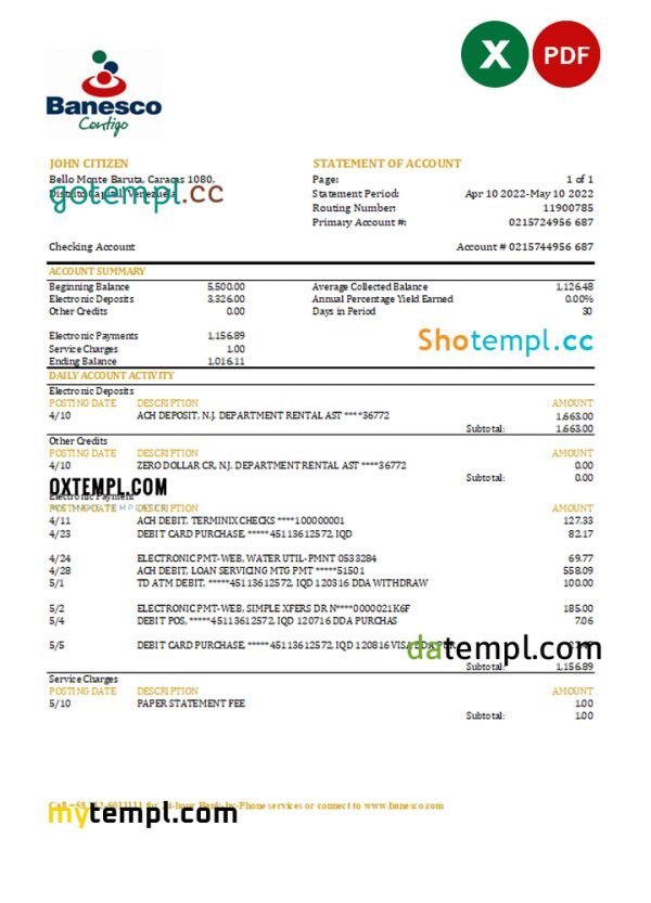 Venezuela Banesco bank statement, Excel and PDF template