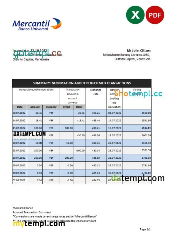 Venezuela Mercantil bank statement, Excel and PDF template