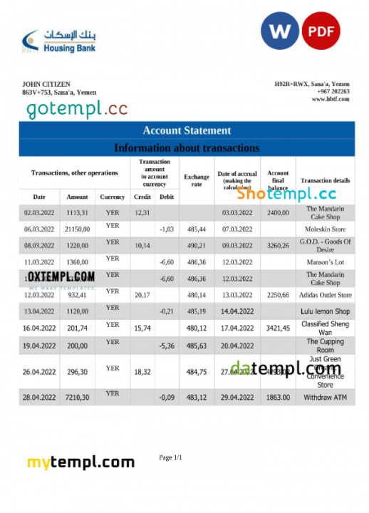 Yemen Housing Bank statement Word and PDF template