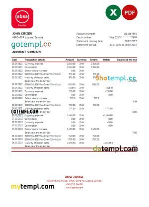 Zambia Absa bank statement, Excel and PDF template