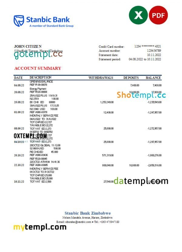 Zimbabwe Stanbic bank statement, Excel and PDF template