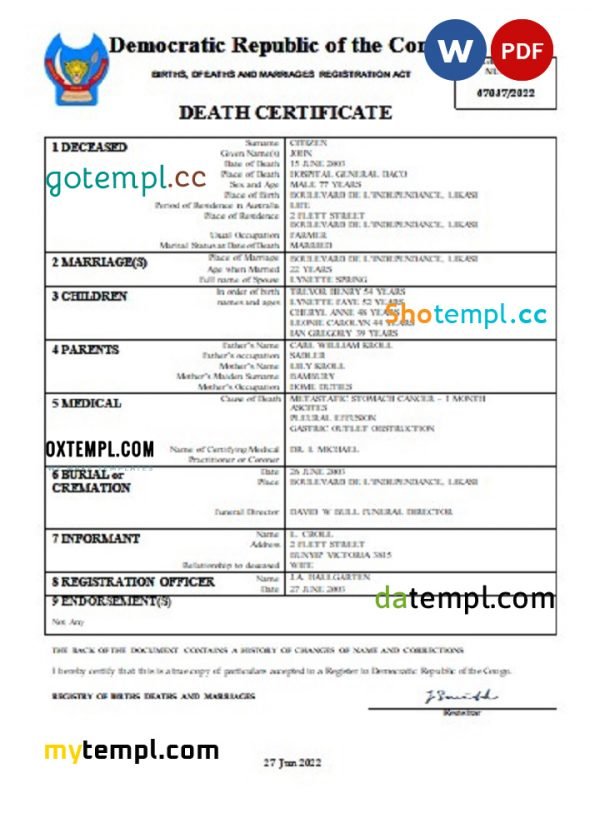 Democratic Republic of the Congo vital record death certificate Word and PDF template