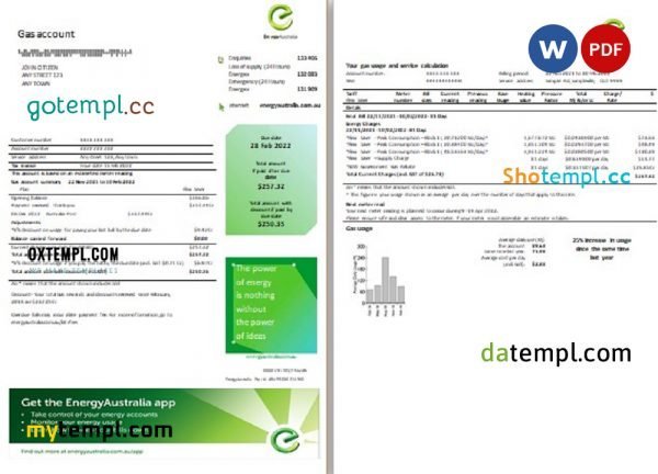 Australia Energy Australia gas utility bill template in Word and PDF format, 3 pages