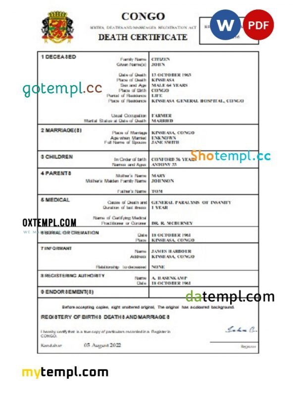 Congo death certificate Word and PDF template, completely editable