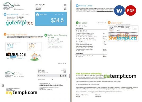 USA Vermont Green Mountain Power utility bill, Word and PDF template, 2 pages