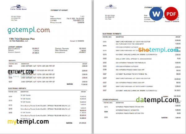 USA Fifth Third Bank statement, Word and PDF template, 2 pages