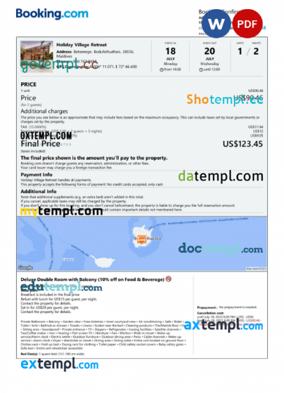 Maldives hotel booking confirmation Word and PDF template, 2 pages