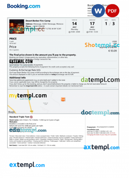 Morocco hotel booking confirmation Word and PDF template, 2 pages