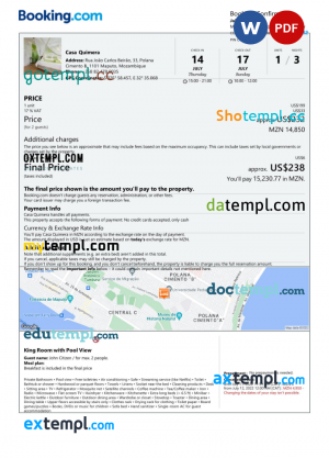 Mozambique hotel booking confirmation Word and PDF template, 2 pages