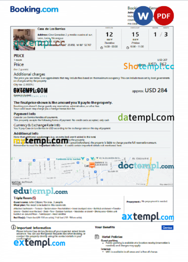 Nicaragua hotel booking confirmation Word and PDF template, 2 pages