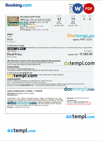 Pakistan hotel booking confirmation Word and PDF template, 2 pages