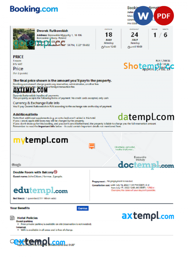 Poland hotel booking confirmation Word and PDF template, 2 pages