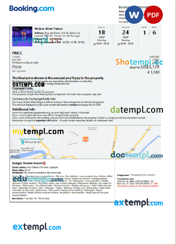 Portugal hotel booking confirmation Word and PDF template, 2 pages