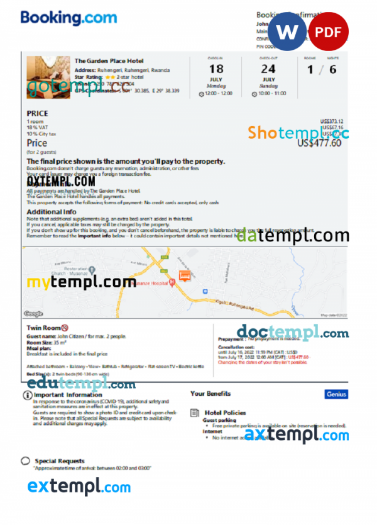 Rwanda hotel booking confirmation Word and PDF template, 2 pages