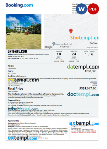 Saint Kitts and Nevis hotel booking confirmation Word and PDF template, 2 pages