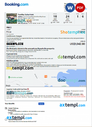 Saint Lucia hotel booking confirmation Word and PDF template, 2 pages