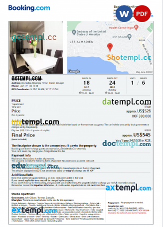 Senegal hotel booking confirmation Word and PDF template, 2 pages