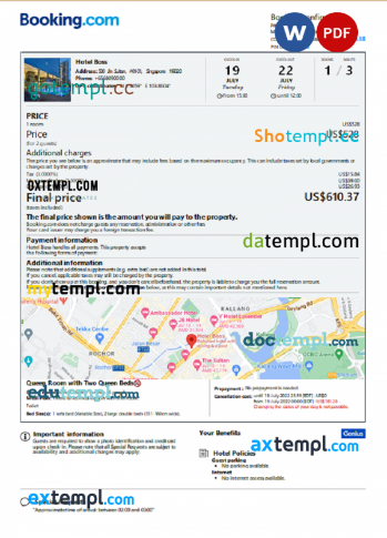 Singapore hotel booking confirmation Word and PDF template, 2 pages