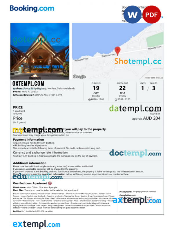 Solomon Islands hotel booking confirmation Word and PDF template, 2 pages