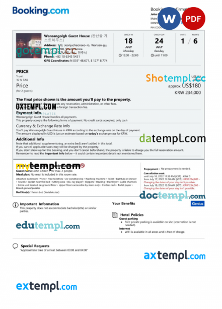 South Korea hotel booking confirmation Word and PDF template, 2 pages