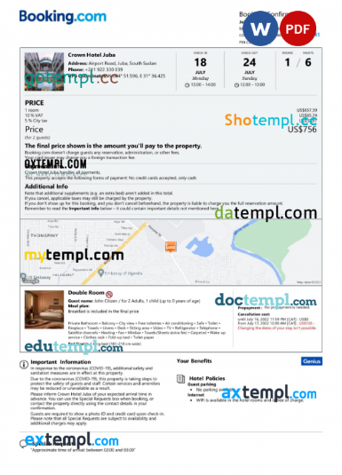 South Sudan hotel booking confirmation Word and PDF template, 2 pages