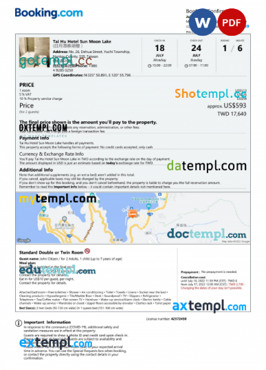 Taiwan hotel booking confirmation Word and PDF template, 2 pages