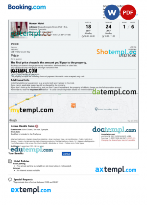 Tanzania hotel booking confirmation Word and PDF template, 2 pages
