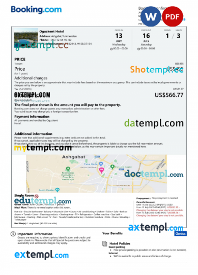 Turkmenistan hotel booking confirmation Word and PDF template, 2 pages