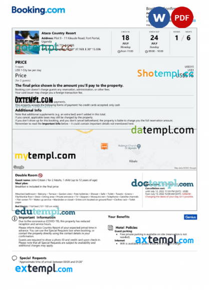 Uganda hotel booking confirmation Word and PDF template, 2 pages