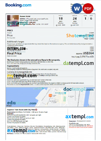 United Arab Emirates hotel booking confirmation Word and PDF template, 2 pages