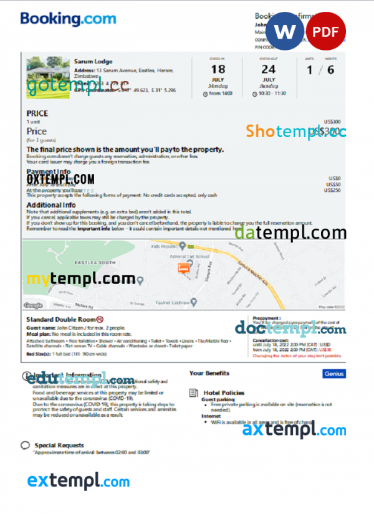 Zimbabwe hotel booking confirmation Word and PDF template, 2 pages