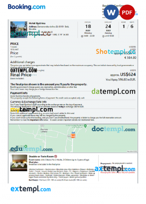 Slovakia hotel booking confirmation Word and PDF template, 2 pages