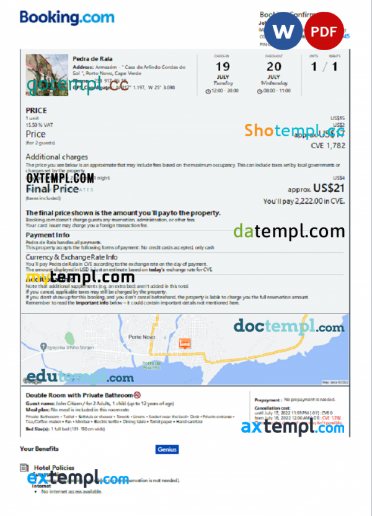 Cabo Verde hotel booking confirmation Word and PDF template, 2 pages