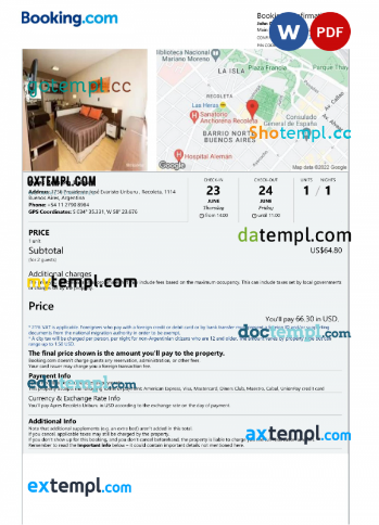 Argentina hotel booking confirmation Word and PDF template, 2 pages