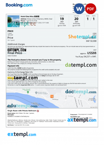 Chad hotel booking confirmation Word and PDF template, 2 pages