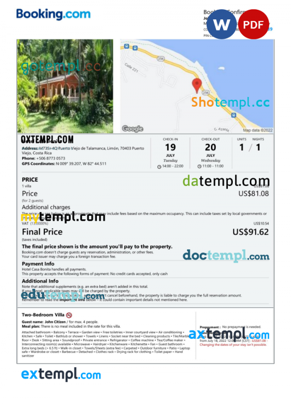 Costa Rica hotel booking confirmation Word and PDF template, 2 pages