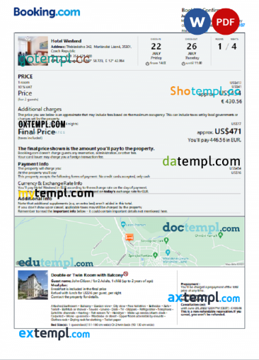 Czech Republic hotel booking confirmation Word and PDF template, 2 pages