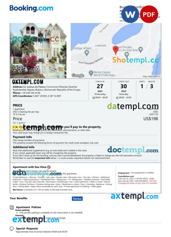 Democratic Republic of the Congo hotel booking confirmation Word and PDF template, 2 pages