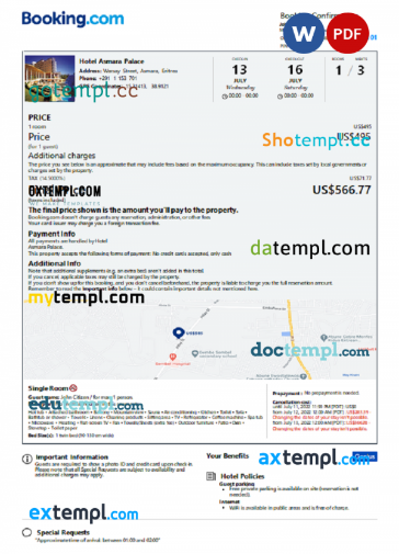 Eritrea hotel booking confirmation Word and PDF template, 2 pages