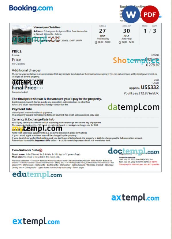 Gabon hotel booking confirmation Word and PDF template, 2 pages