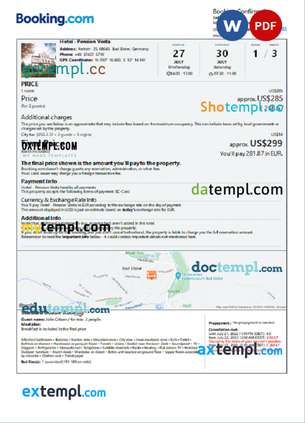 Germany hotel booking confirmation Word and PDF template, 2 pages