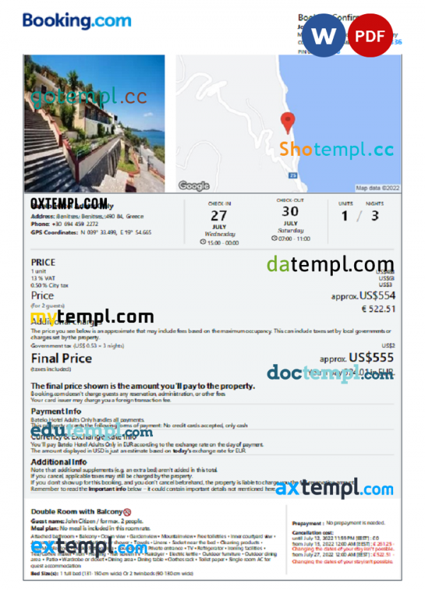 Greece hotel booking confirmation Word and PDF template, 2 pages