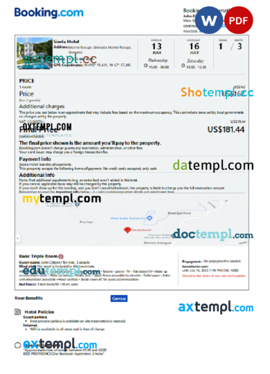 Grenada hotel booking confirmation Word and PDF template, 2 pages