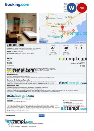 Guinea hotel booking confirmation Word and PDF template, 2 pages