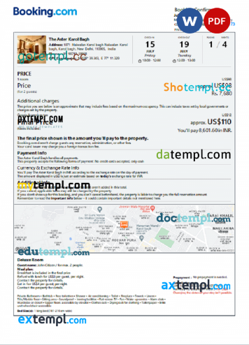 India hotel booking confirmation Word and PDF template, 2 pages